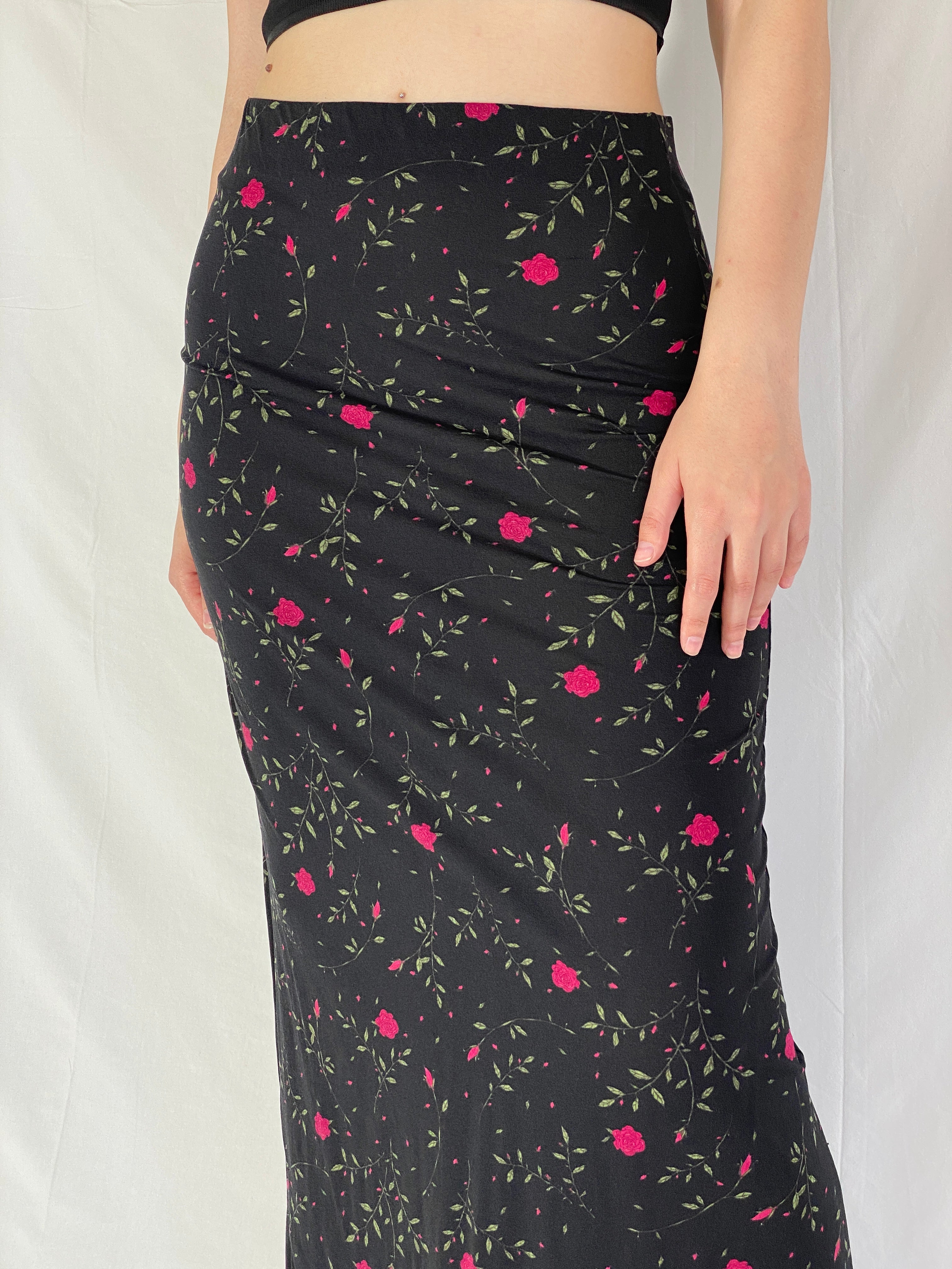Vintage Y2K HENNES Collection Black Floral Maxi Skirt 90s/2000s Minimalist Everyday Skirt - M