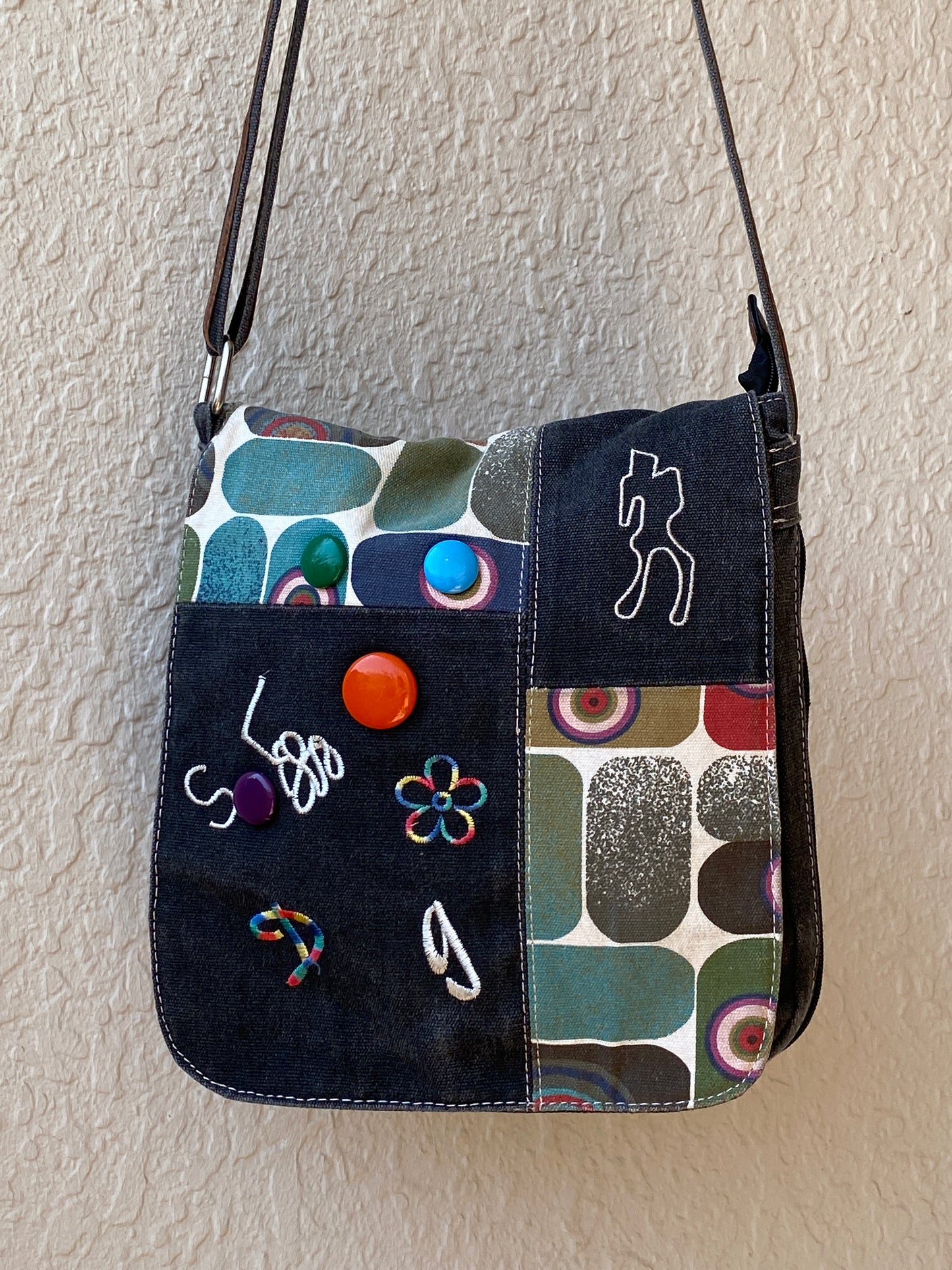 Y2K Cessaci Patchwork Denim Crossbody Bag with Embroidered Details