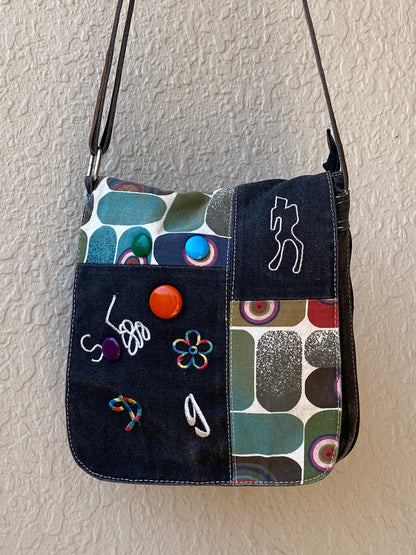 Y2K Cessaci Patchwork Denim Crossbody Bag with Embroidered Details