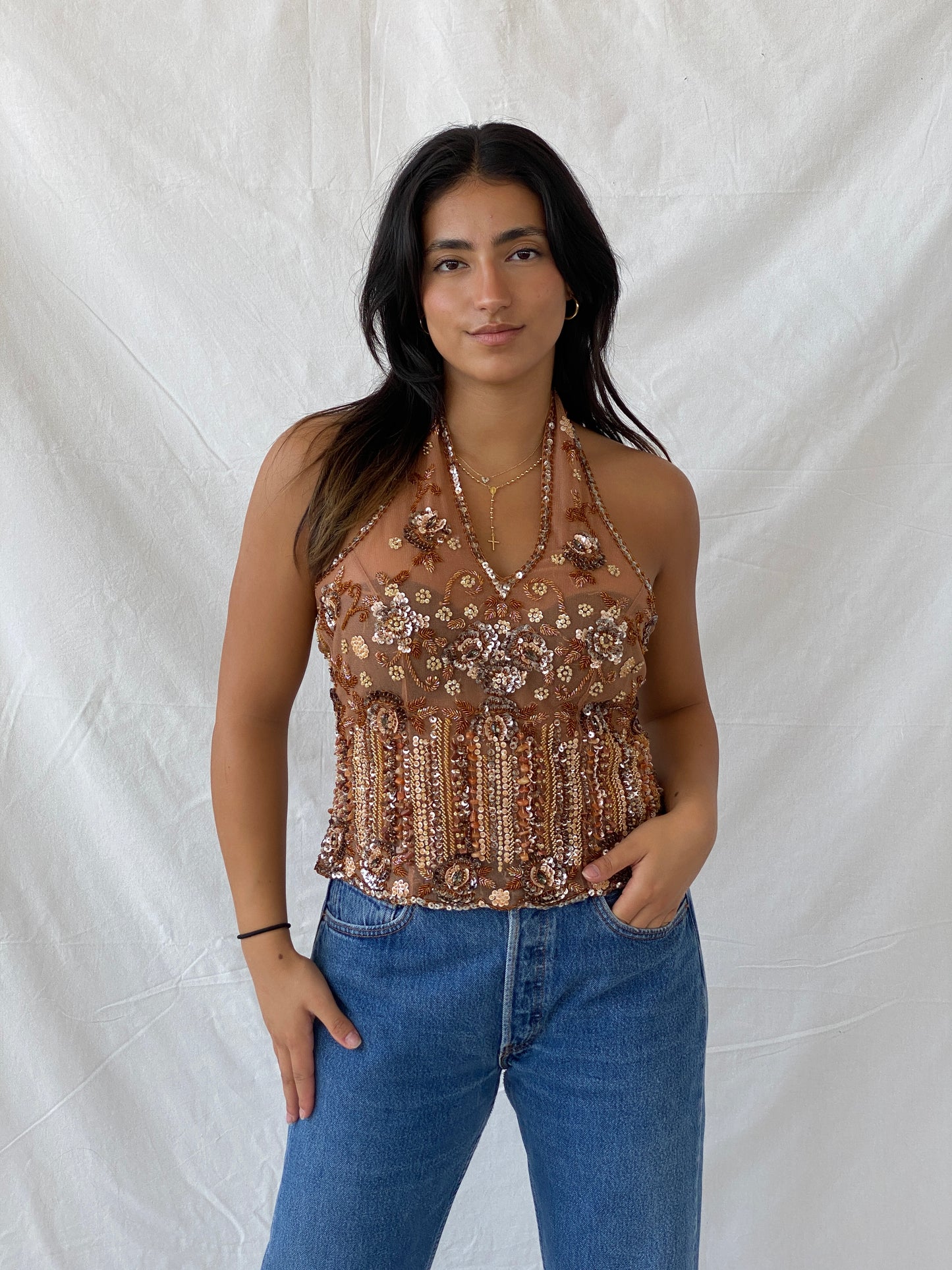 Vintage Beaded Sheer Halter Top - M