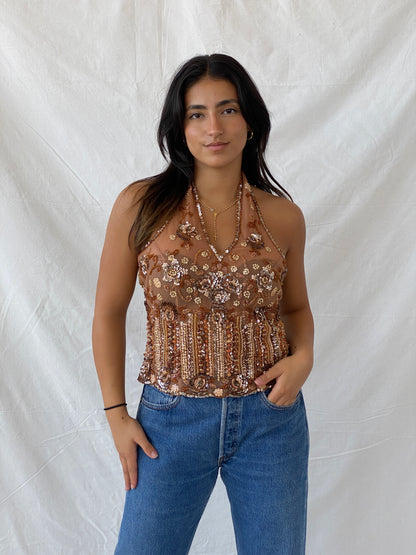 Vintage Beaded Sheer Halter Top - M