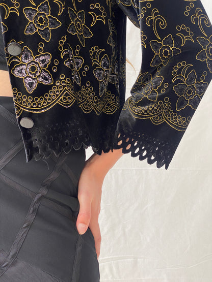 Vintage 80s/90s Black Velvet Button Front Cardigan With Gold Floral Details - M