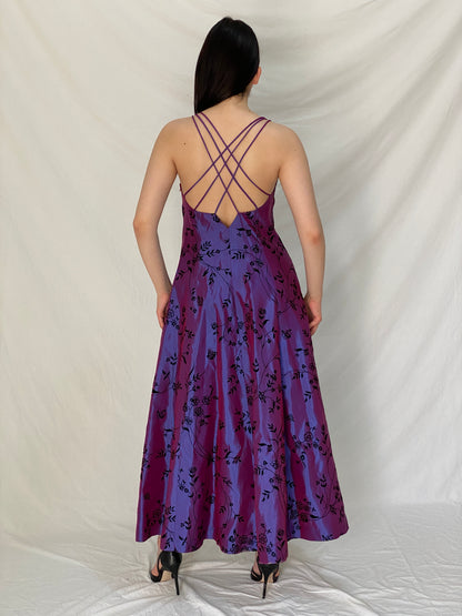 Y2K Murek Fashion Purple Satin Velvet Floral Detailing Maxi Prom Dress – M