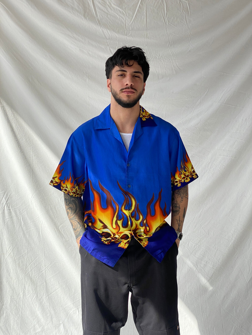 Men’s Flamed Skull Blue Short Sleeve Button Up Shirt - L