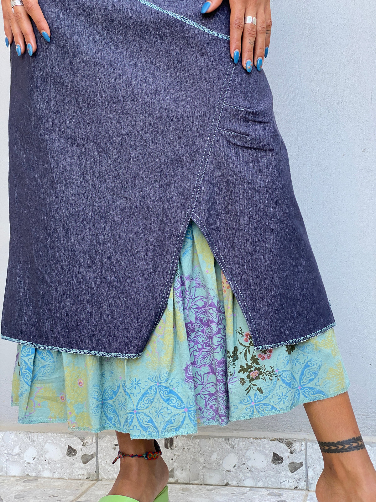 Vintage Y2K Renato Bene Paris Chambray Overlay Floral Midi Skirt Asymmetrical Layered Boho Skirt - S Vintage Y2K Renato Bene Paris Chambray Overlay Floral Midi Skirt Asymmetrical Layered Boho Skirt - S
