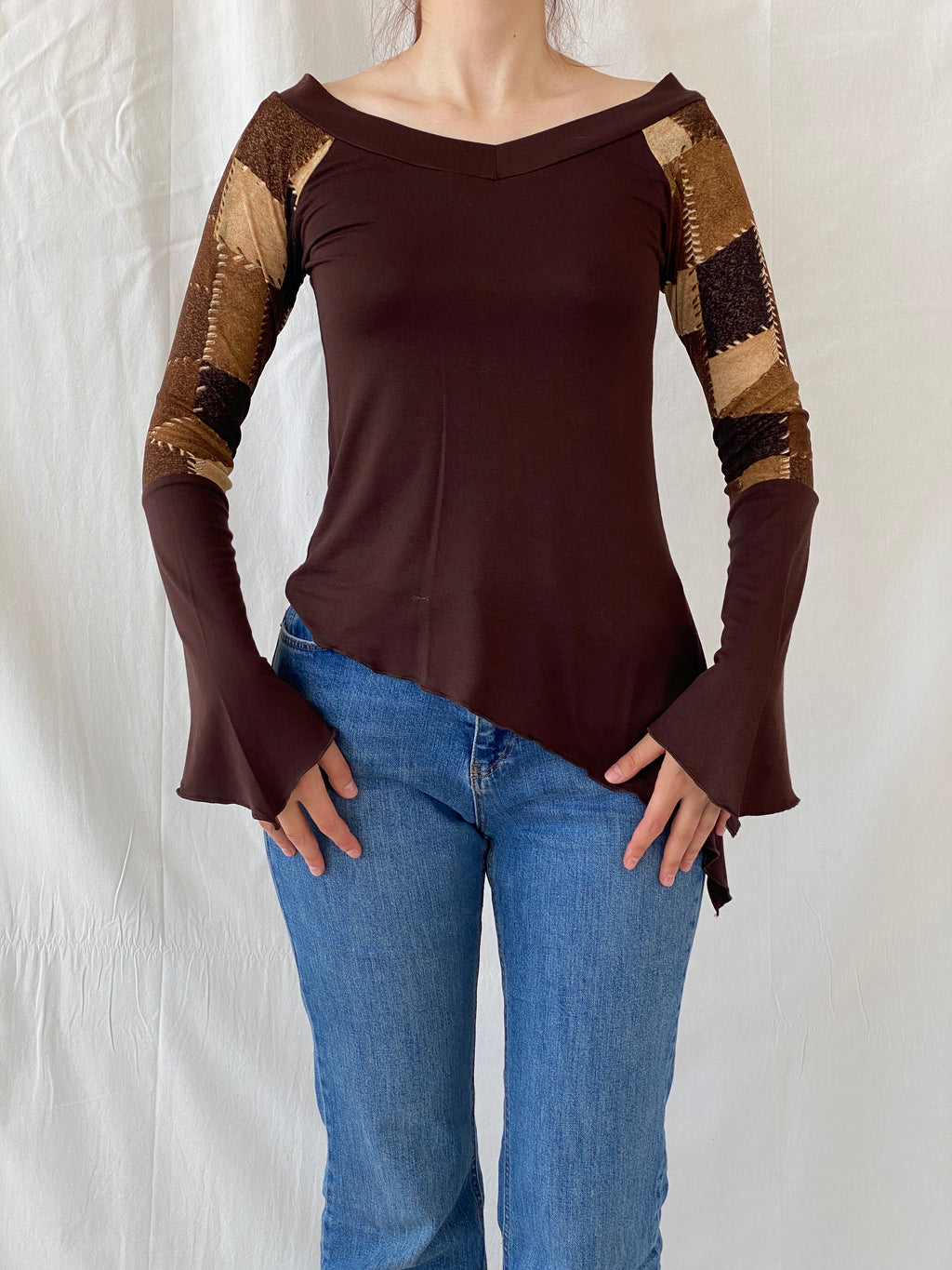 Vintage Natasiana Brown Flared Long Sleeve Asymmetric Women’s Top - S