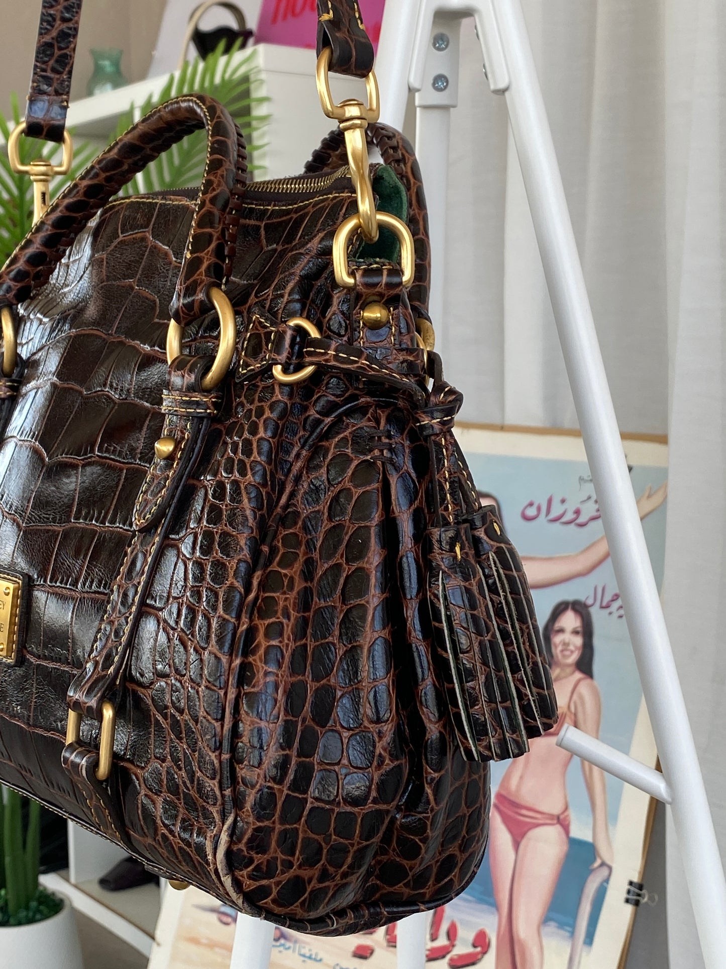Dooney & Bourke Brown Croc Print Designer Hand Bag with Side Tassels and Gold Details