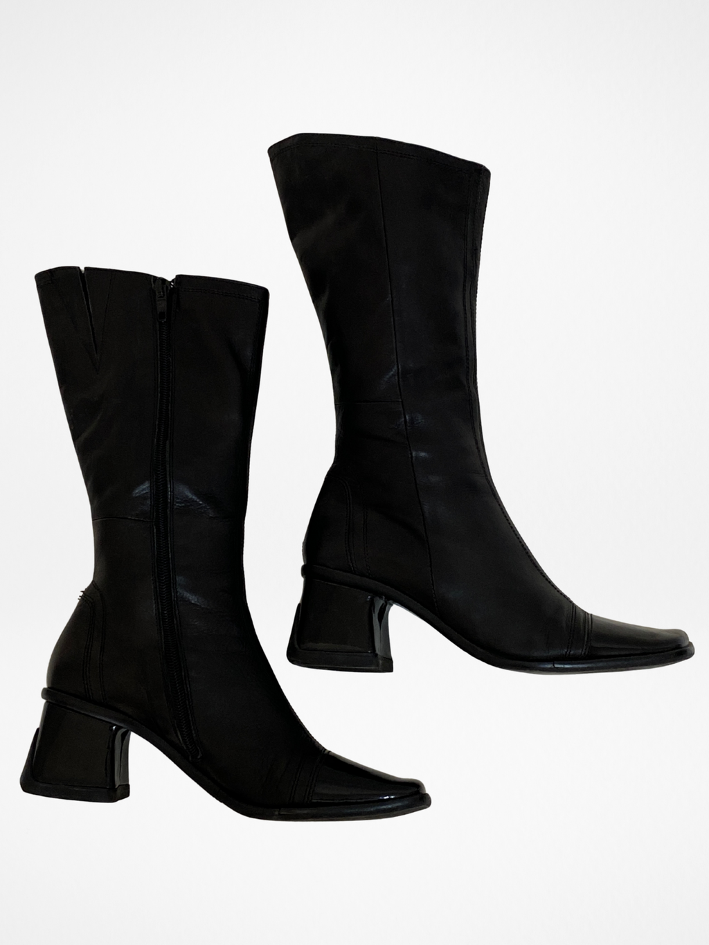 Vintage JOA Italian Black Leather Patent Block Heel & Square Toe Mid-Calf Boots - 36EU