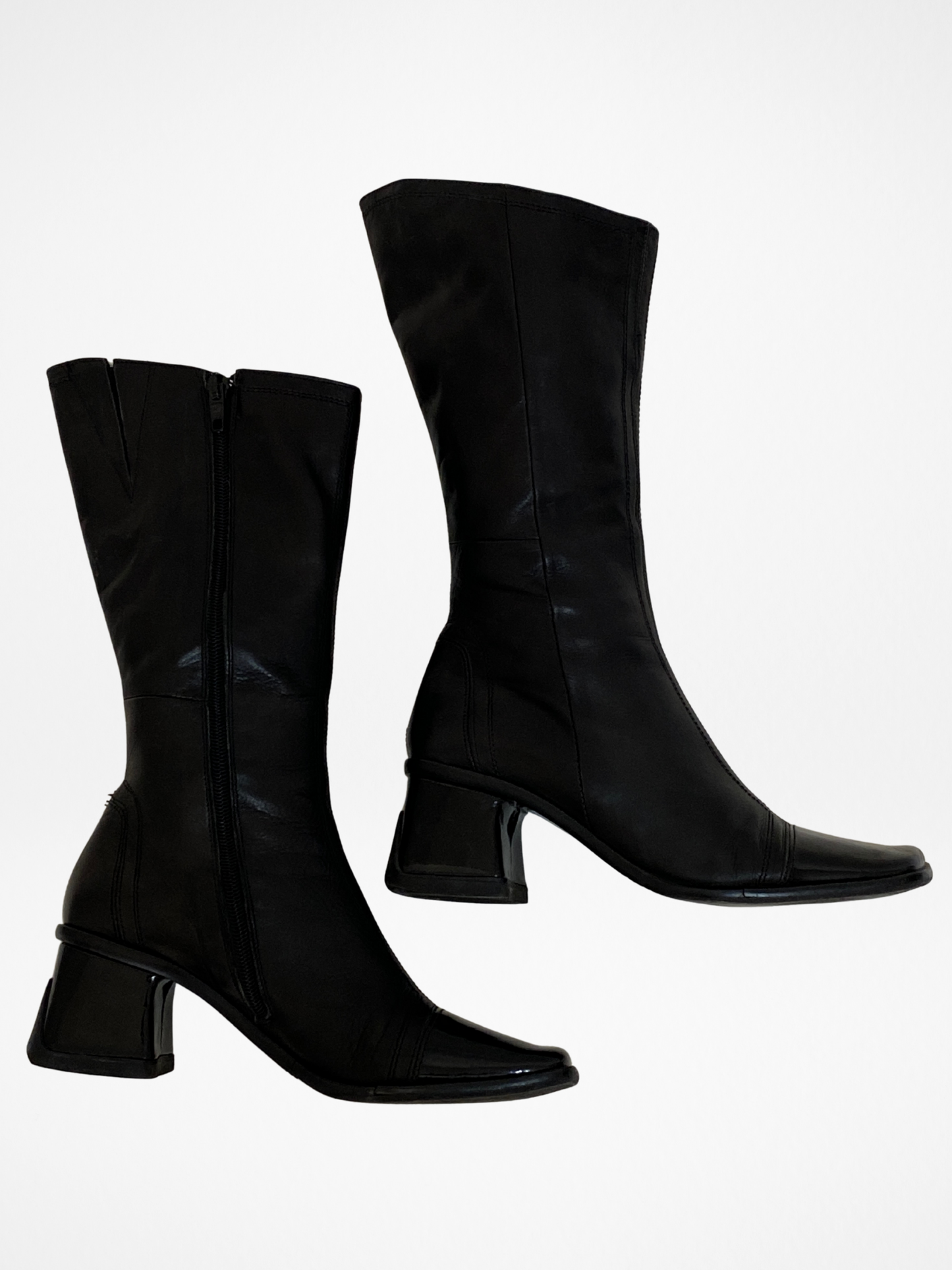 Vintage JOA Italian Black Leather Patent Block Heel & Square Toe Mid-Calf Boots - 36EU