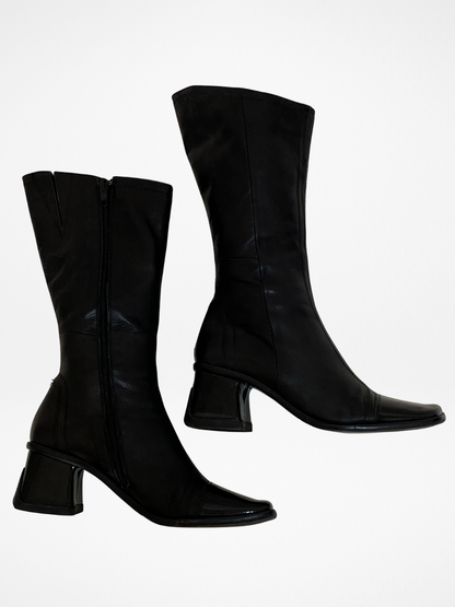 Vintage JOA Italian Black Leather Patent Block Heel & Square Toe Mid-Calf Boots - 36EU