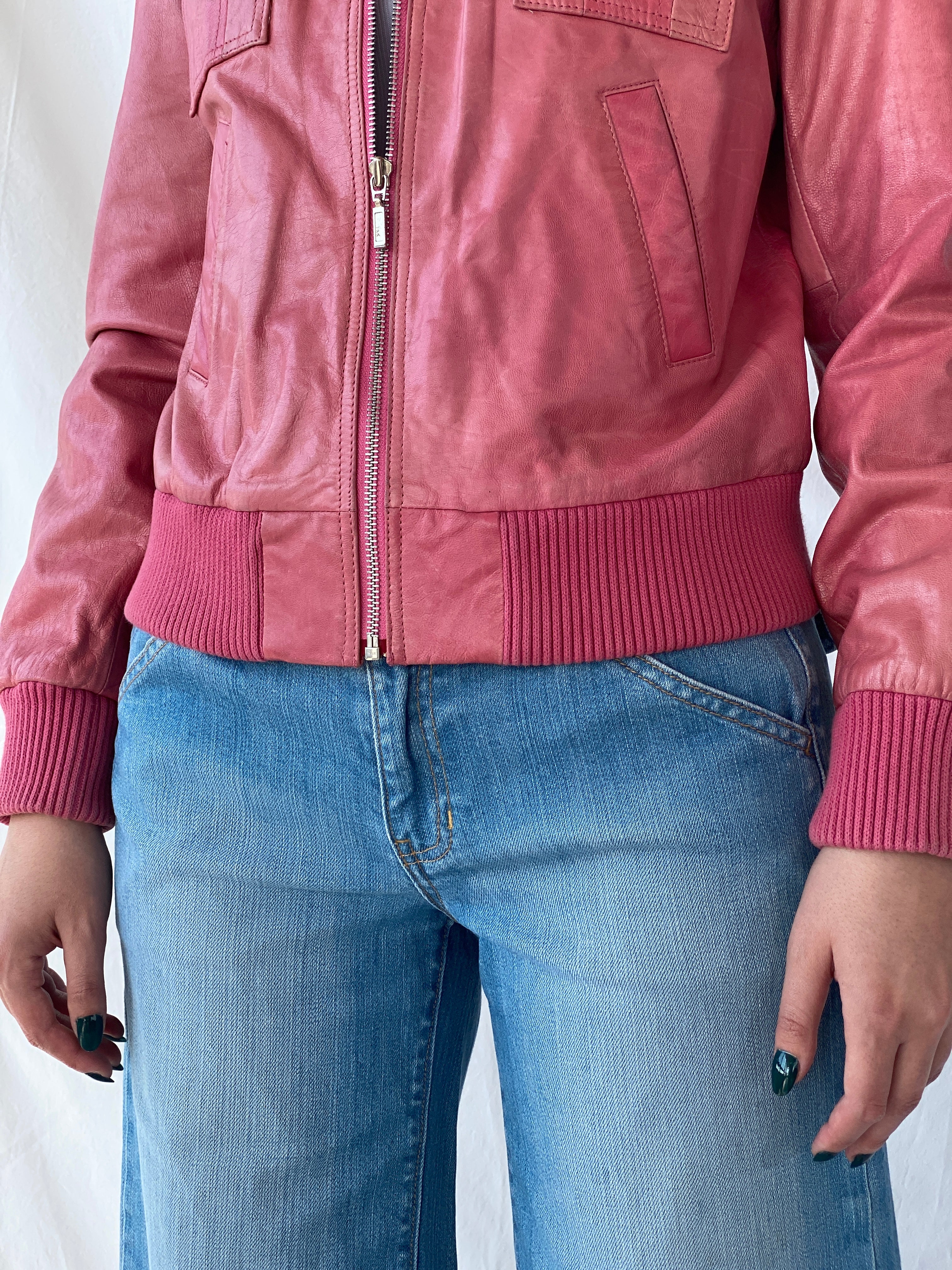 Vintage Mellachia Pink Women’s Genuine Leather Biker Style Bomber Jacket - M