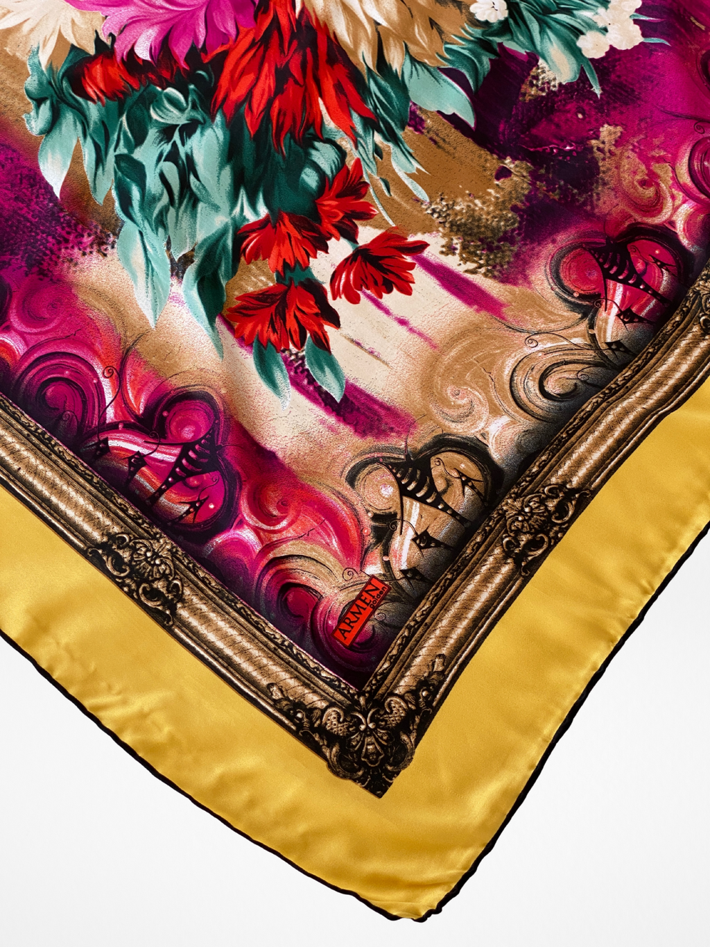 ARMEN Golden Floral Baroque Style Satin Silk Square Scarf