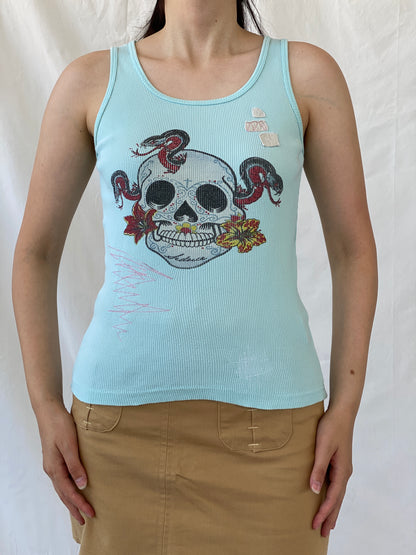Y2K Seduce Blue Graphic Ribbed Tank Top - S
