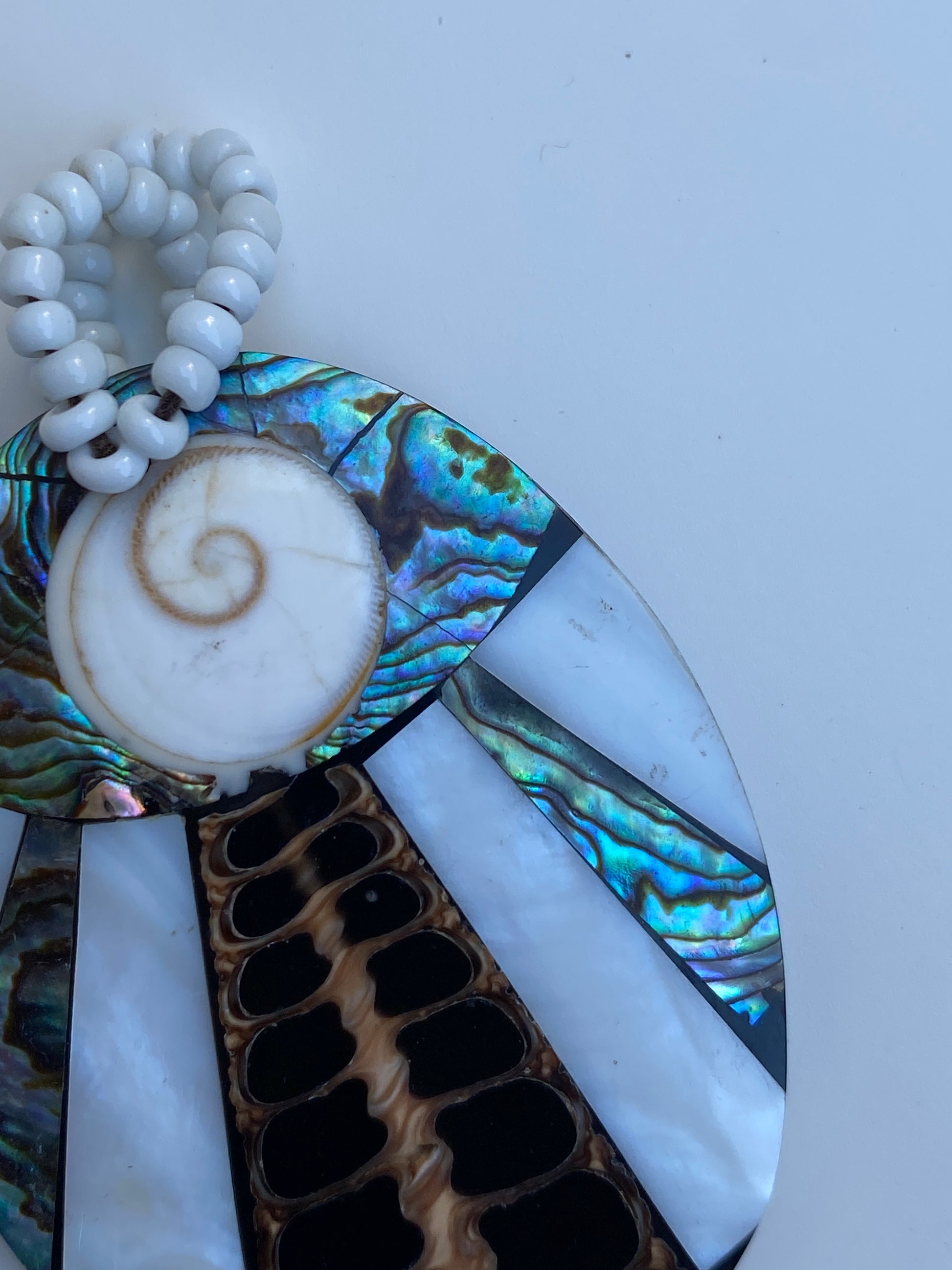 Vintage Abalone & Mother of Pearl Mosaic Pendant with Shiva Eye Shell Vintage Abalone & Mother of Pearl Mosaic Pendant with Shiva Eye Shell
