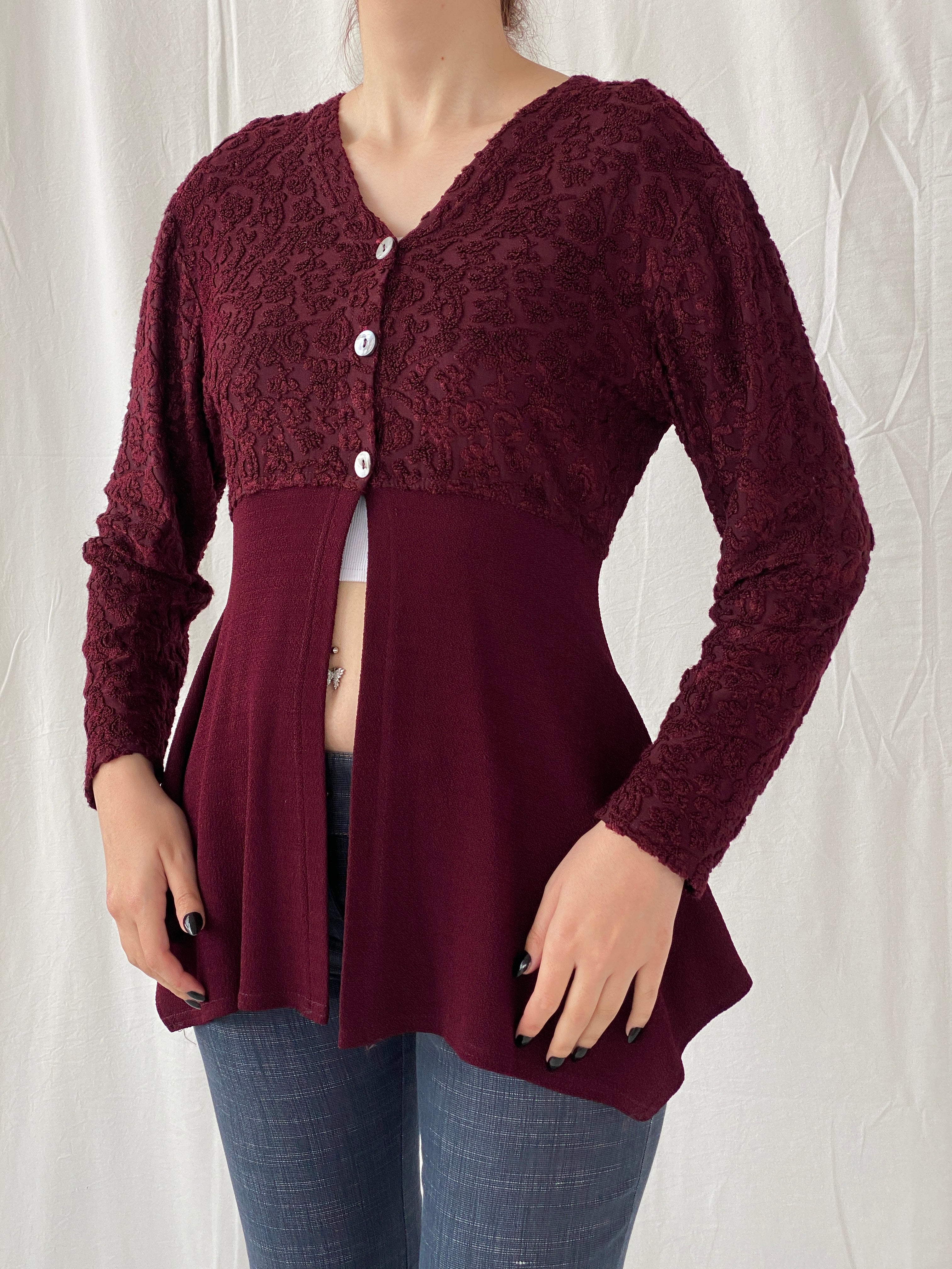 Vintage Vestino Italy Maroon Floral Lace Buttoned Split Cardigan - M