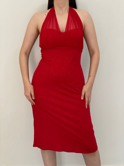 Vintage Y2K Betsy & Adam Red Rhinestone Halter Midi Dress - M