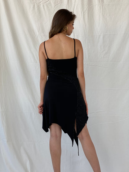 Vintage 90s Tebi Black Beaded Asymmetric Fringed Hem Dress - M