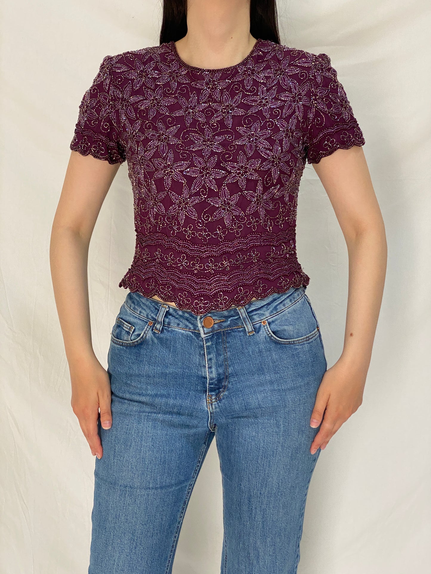 Vintage Adrianna Papell Beaded Silk Top Purple Floral Sequin Mesh Y2K Evening Party Top - S