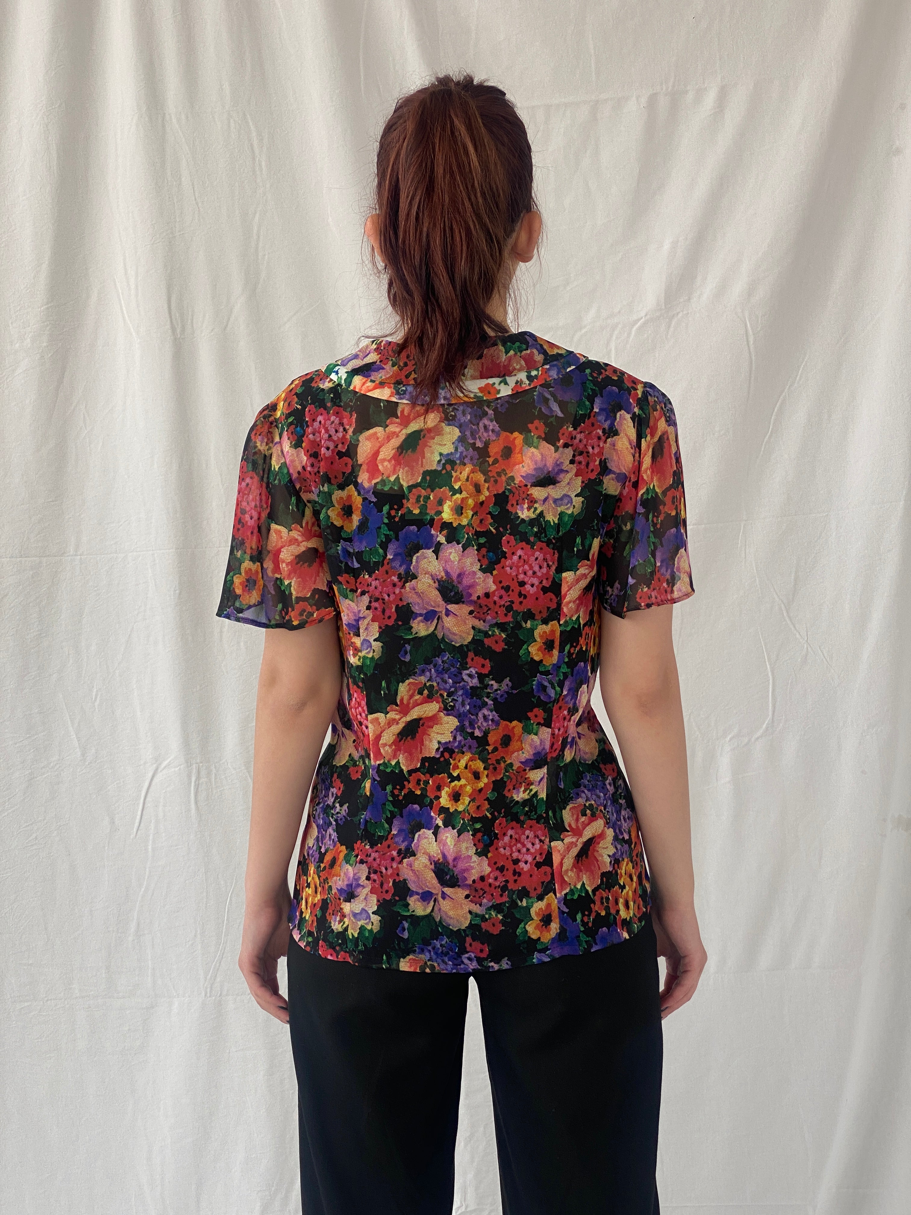 Vintage 90s Anne Lewis Sheer Floral Women’s Short Puff Sleeve Shirt - M
