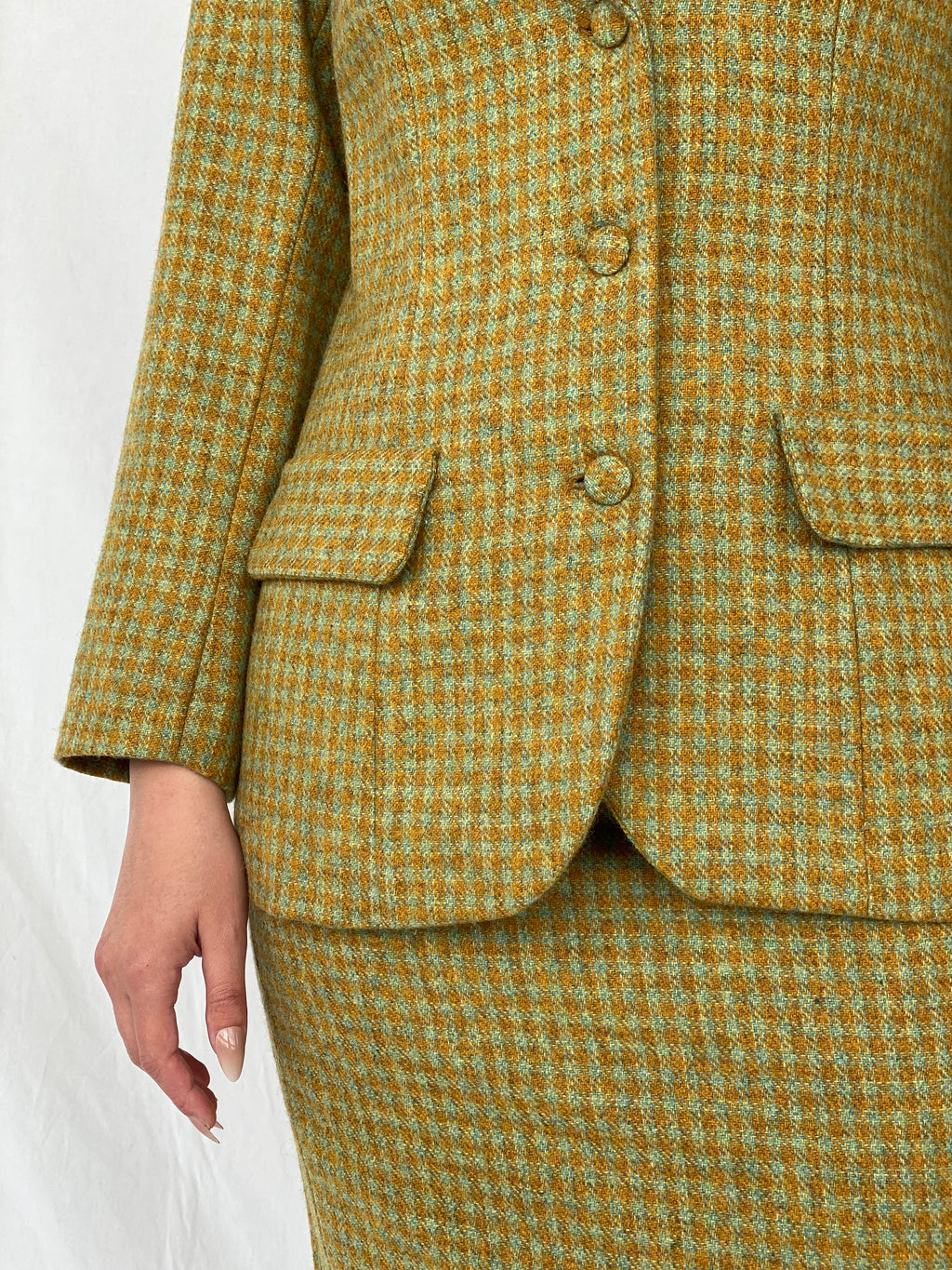 Vintage Handmade Checkered Yellow & Green Wool Blend Blazer Skirt Set - M