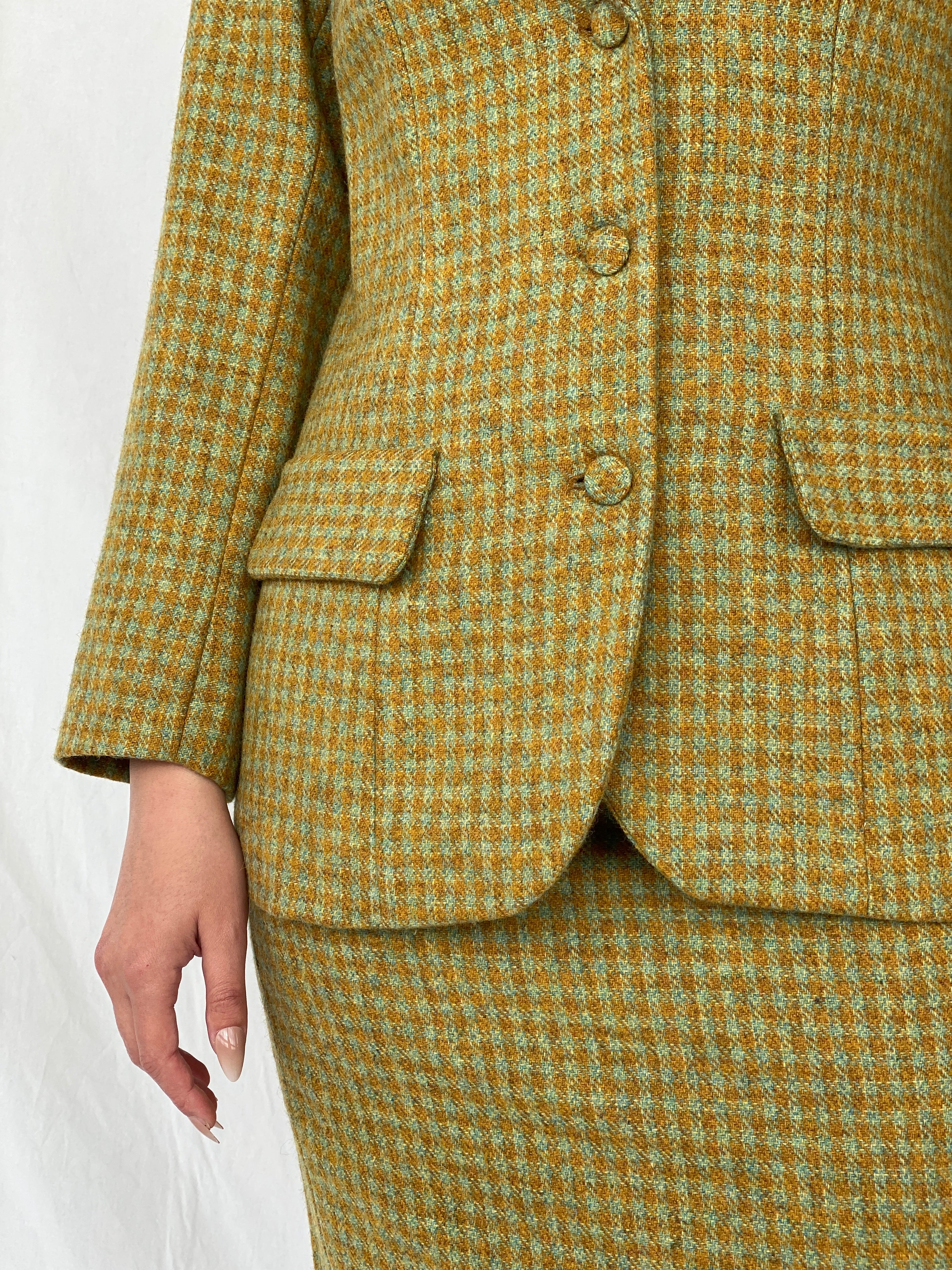 Vintage Handmade Checkered Yellow & Green Wool Blend Blazer Skirt Set - M
