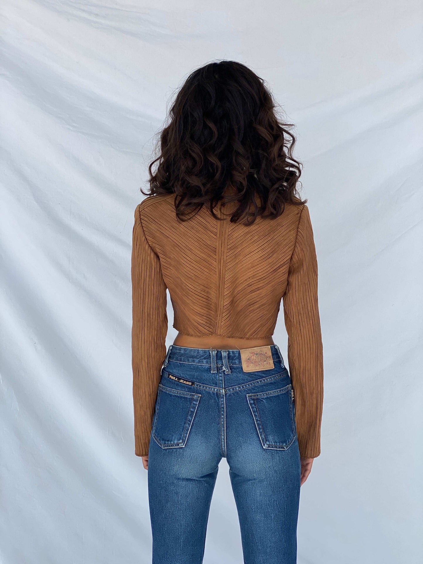 Vintage Brown Genuine Leather Zip Up Crop Top - Size S - Balagan Vintage Full Sleeve Top 90s, full sleeve top, Tojan, winter