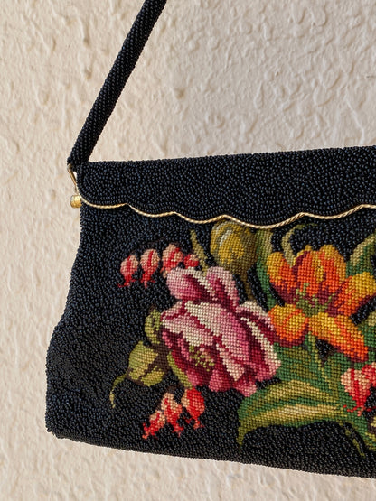 Vintage 1950s Black Micro Beaded Tapestry Floral Evening Bag – Gold Frame Mini Handbag
