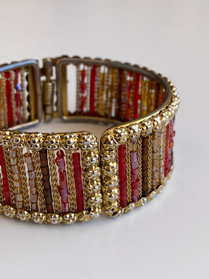 Vintage Gold-Tone Red & Amber Beaded Hinged Cuff Bracelet