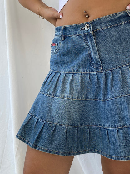 Vintage Fuxxia Tiered Denim Mini Skirt - L