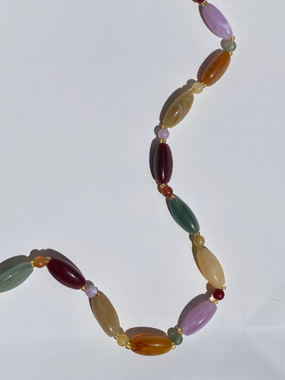 Beautiful Vintage Pastel Marbled Glass Bead Long Necklace