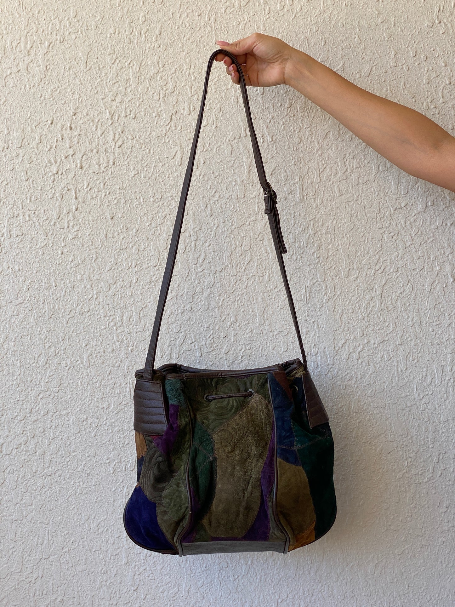 Vintage Embossed Leather Hippie Boho Patchwork Suede Shoulder Crossbody Bag