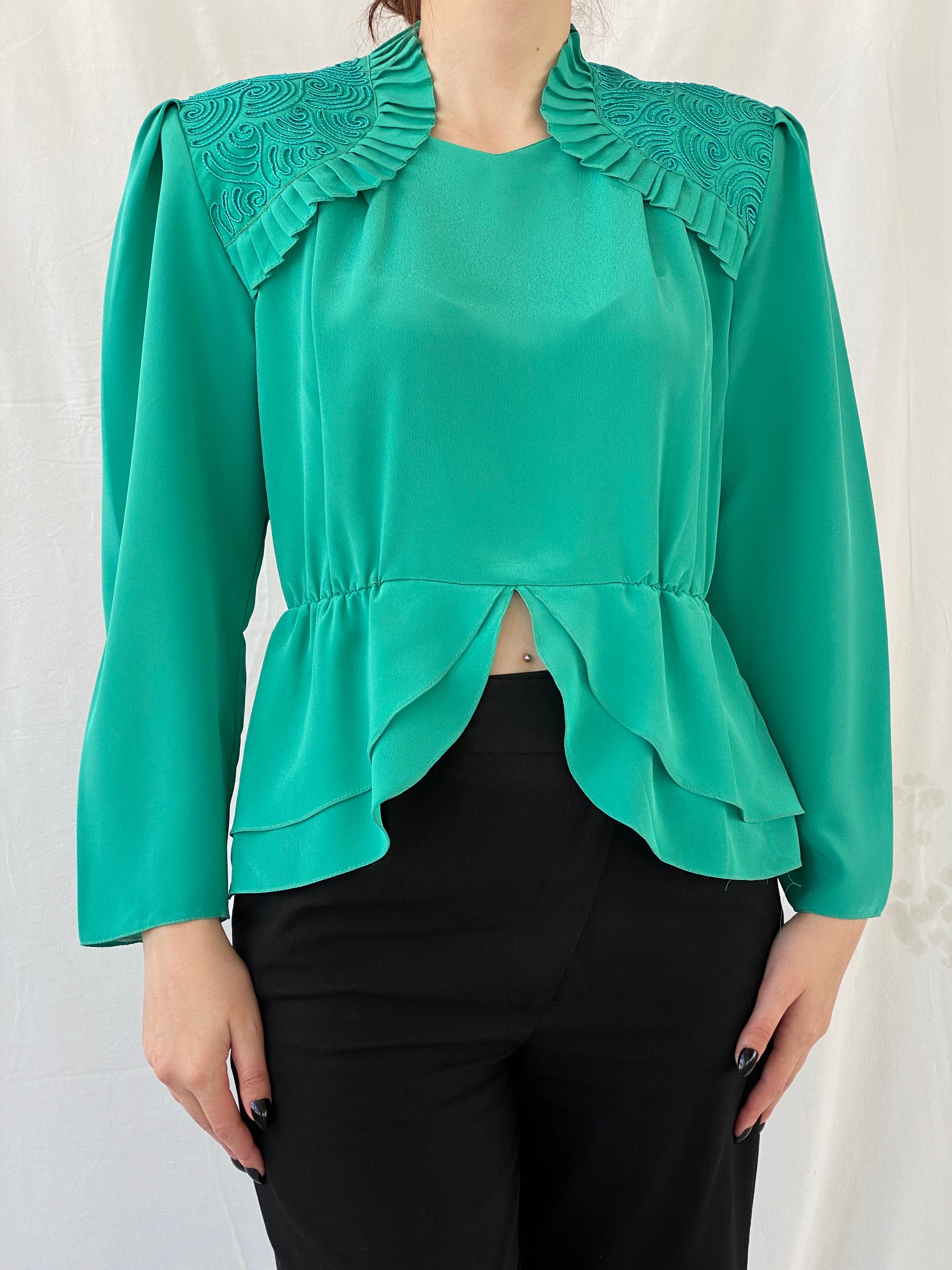 Vintage Doruk Green Embellished Padded Shoulders Long Sleeve Satin Blouse - L