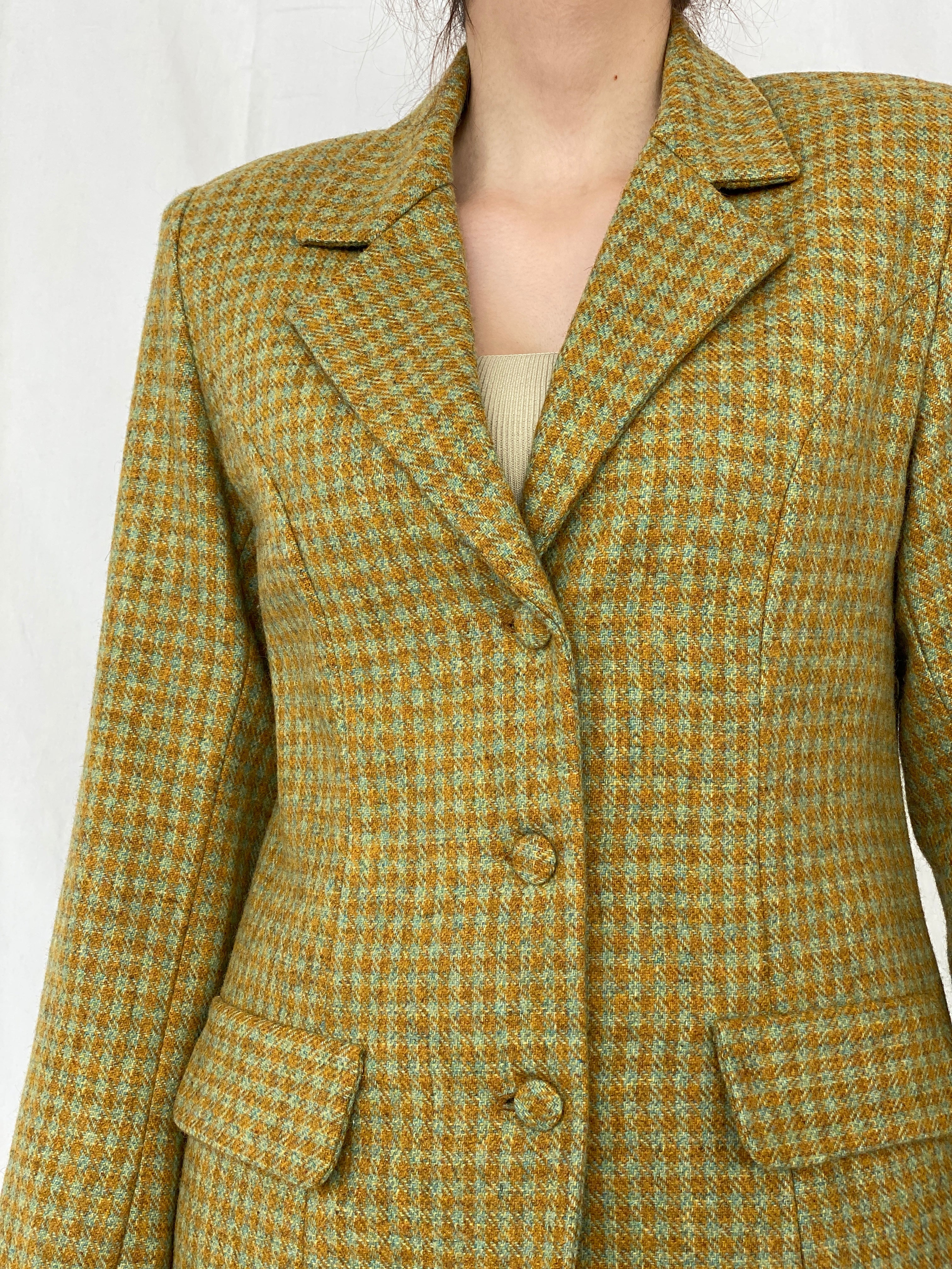 Vintage Handmade Checkered Yellow & Green Wool Blend Blazer Skirt Set - M