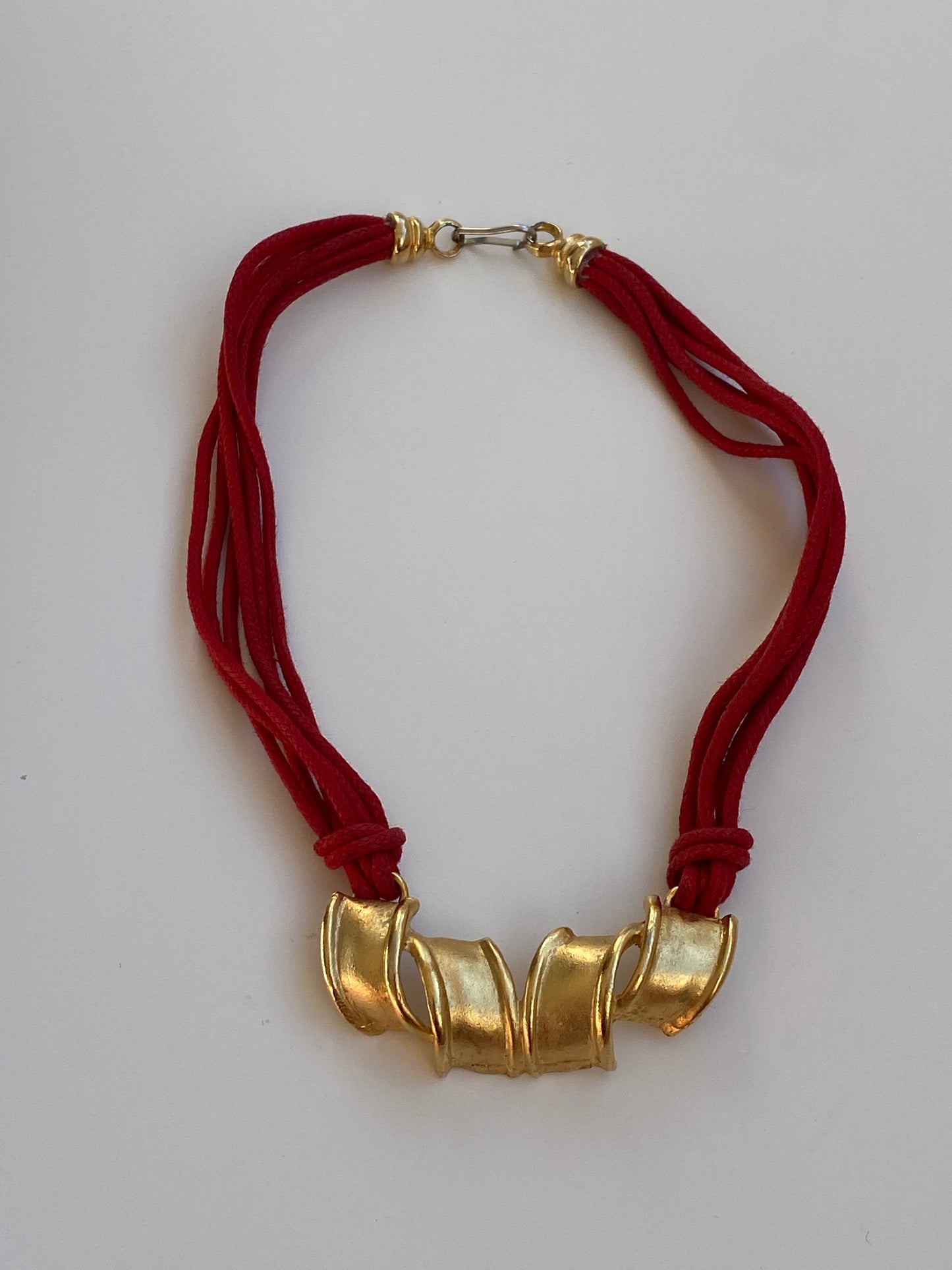 Vintage 1980s Style Red Multi-Cord Gold Tone Sculptural Necklace