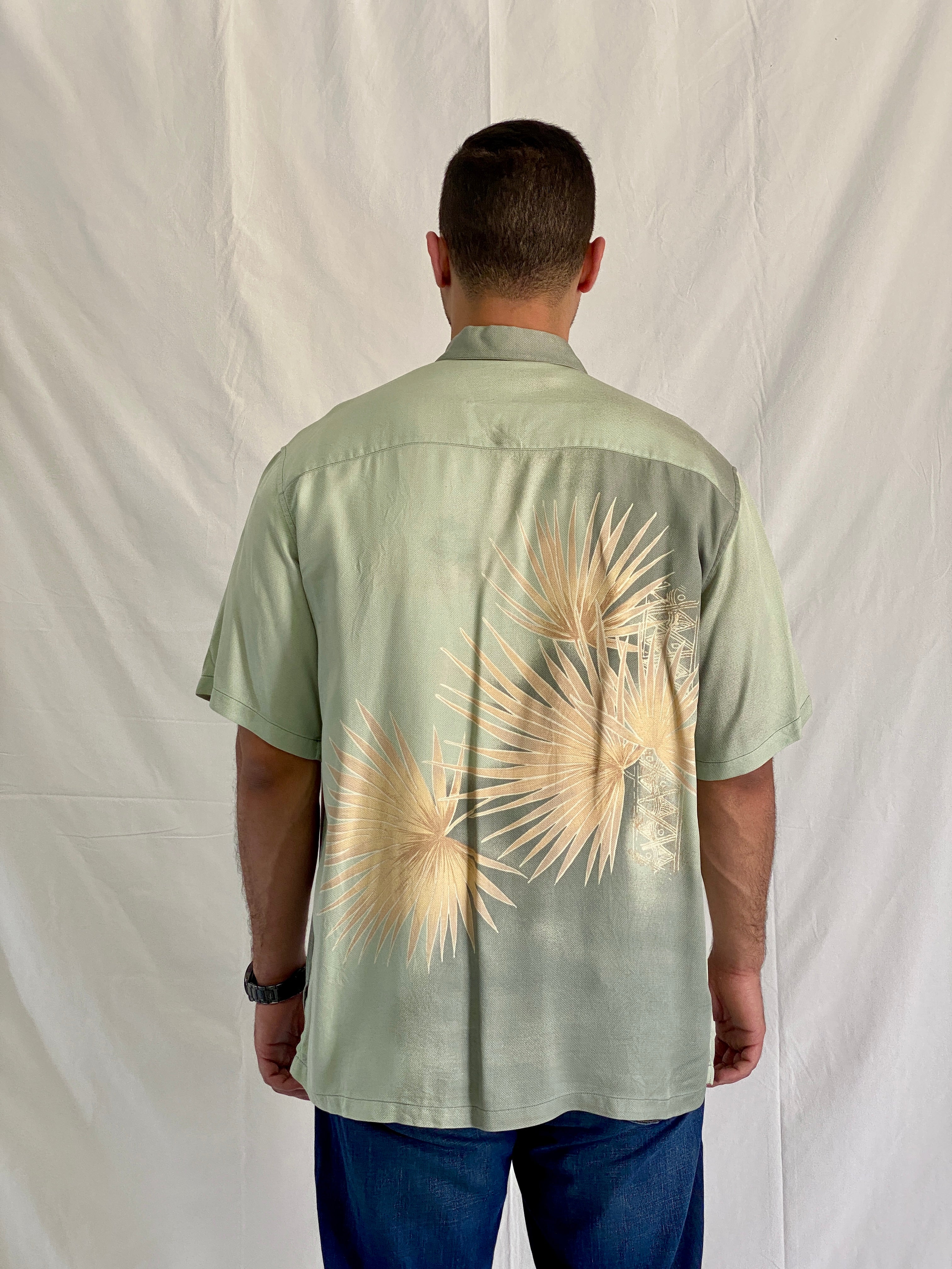 Tori Richard Honolulu Silk Blend Tropical Palm Leaf In Sage Green Men’s Hawaiian Aloha Shirt - L