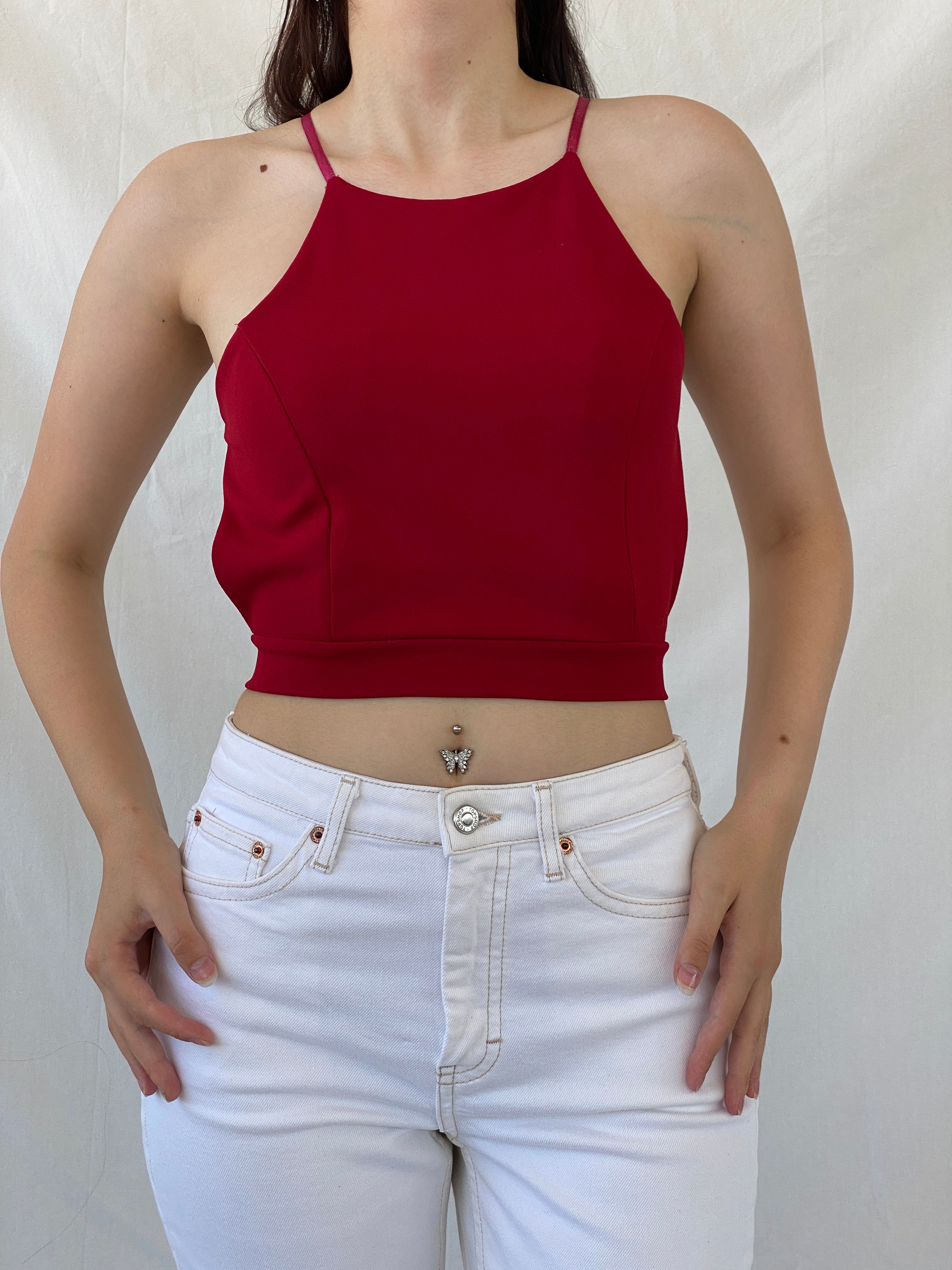 Vintage Red Italian Halter Backless Crop Top with Padded Bust - S