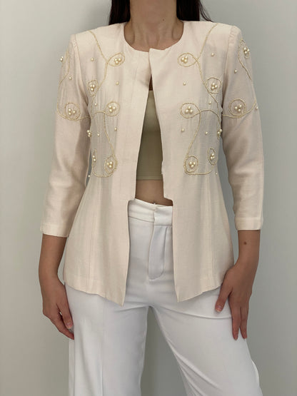 Vintage 90s Leslie Fay Petite Ivory Pearl Beaded Embroidered Blazer – M