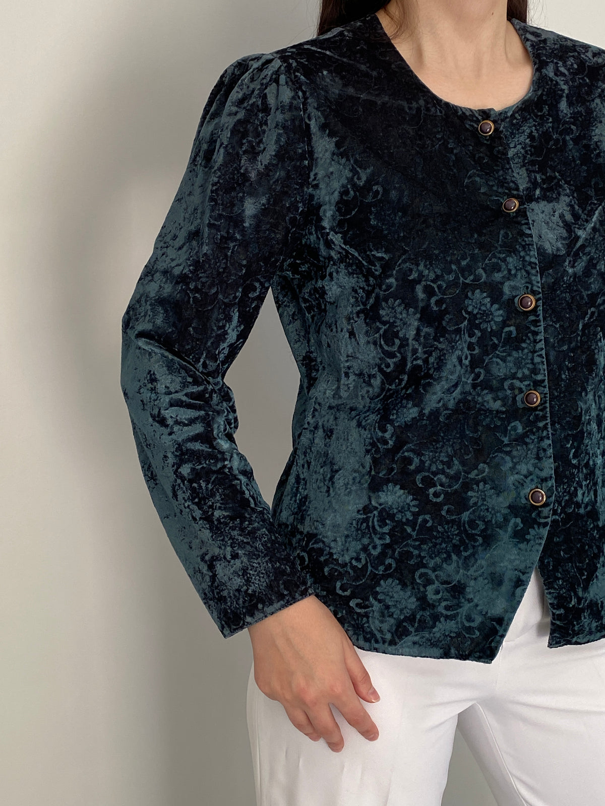 Vintage 90s Your Sixth Sense Teal Floral Crushed Velvet Button Blazer – L