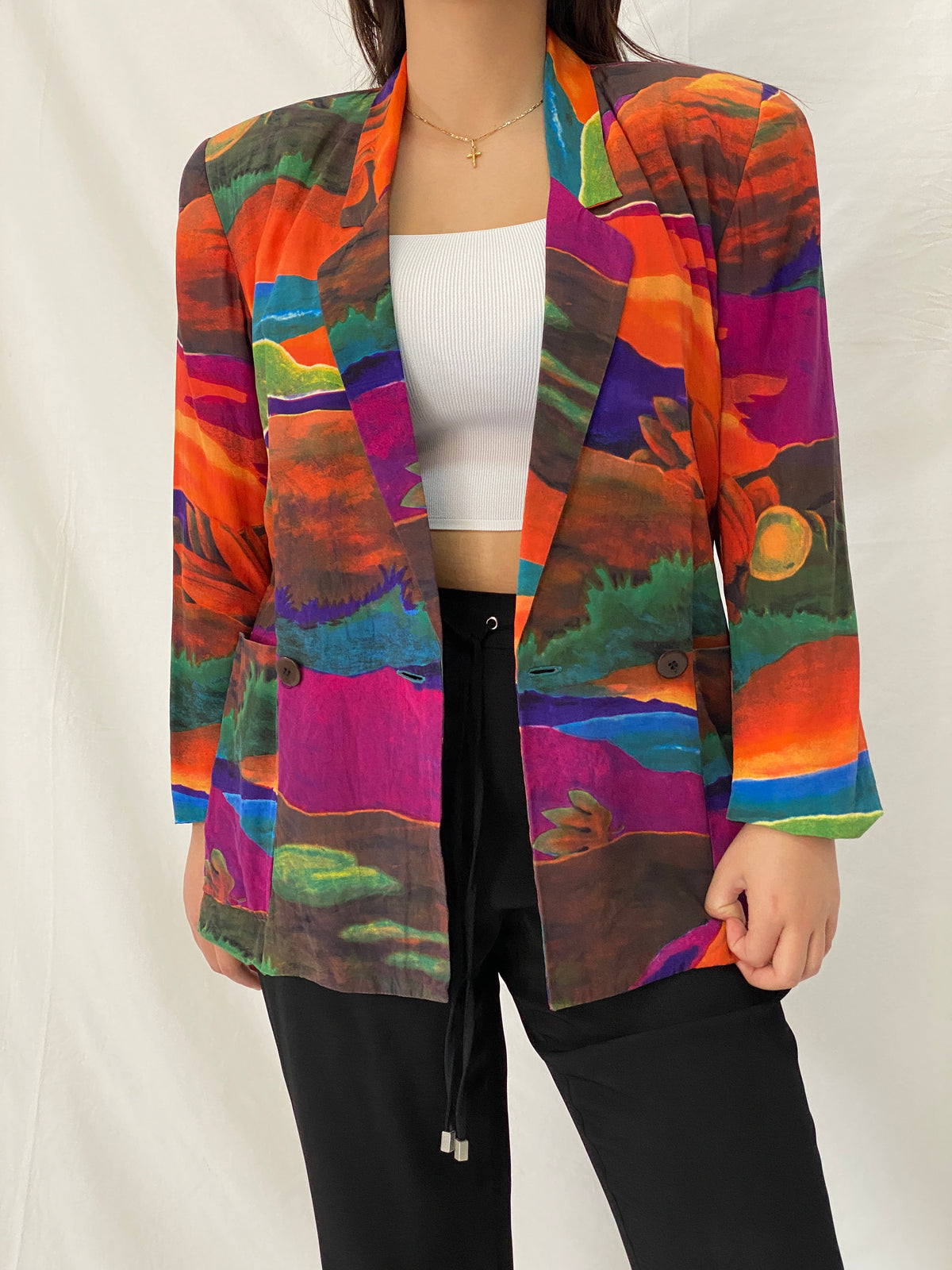 Vintage Linda Allard for Ellen Tracy Silk Abstract Landscape Art Print Blazer - M Vintage Linda Allard for Ellen Tracy Silk Abstract Landscape Art Print Blazer - M