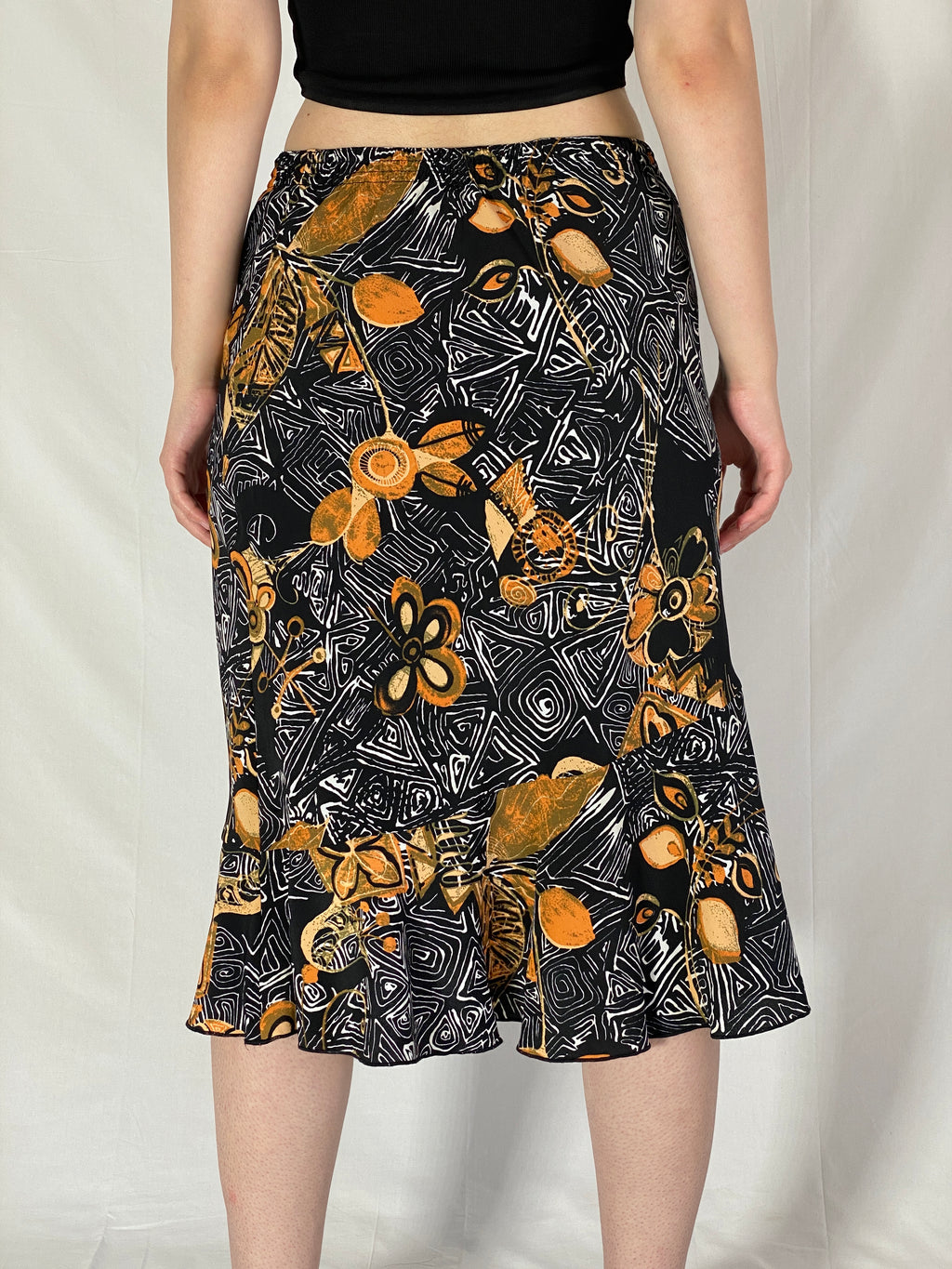 Vintage 90s Griffon Abstract Floral Black & Gold Print Midi Skirt – M