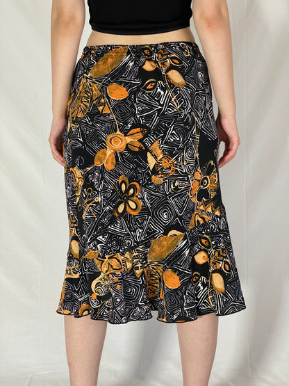 Vintage 90s Griffon Abstract Floral Black & Gold Print Midi Skirt – M