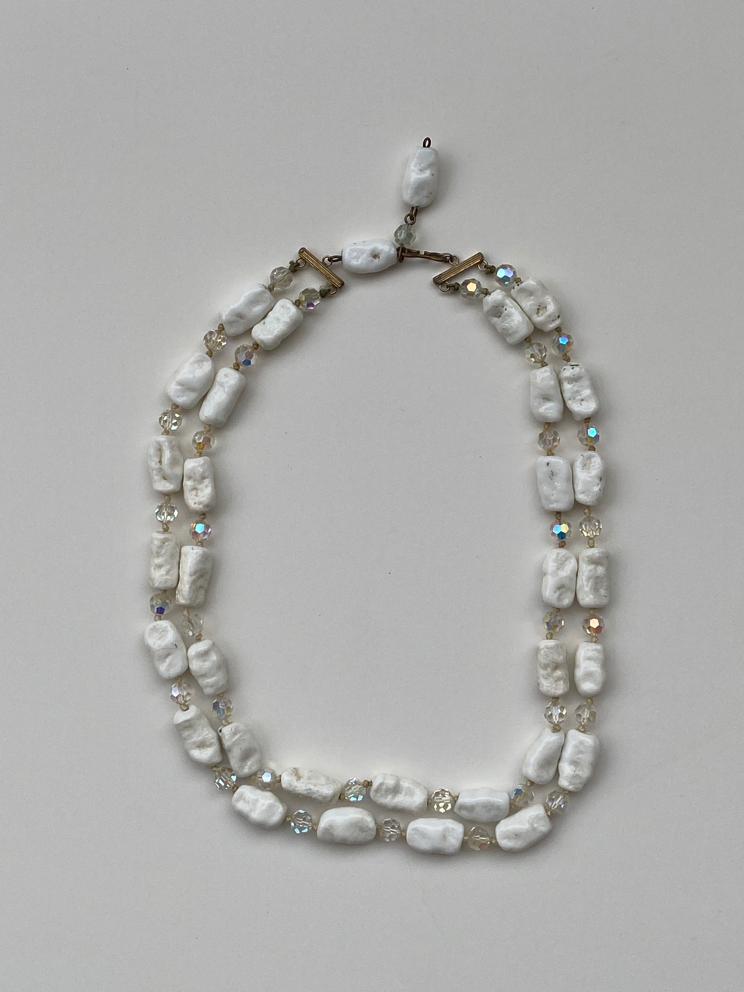 Vintage White Stone & Crystal Beaded Necklace Double Strand Organic Minimalist Jewelry