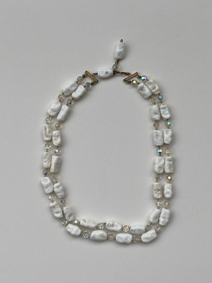 Vintage White Stone & Crystal Beaded Necklace Double Strand Organic Minimalist Jewelry