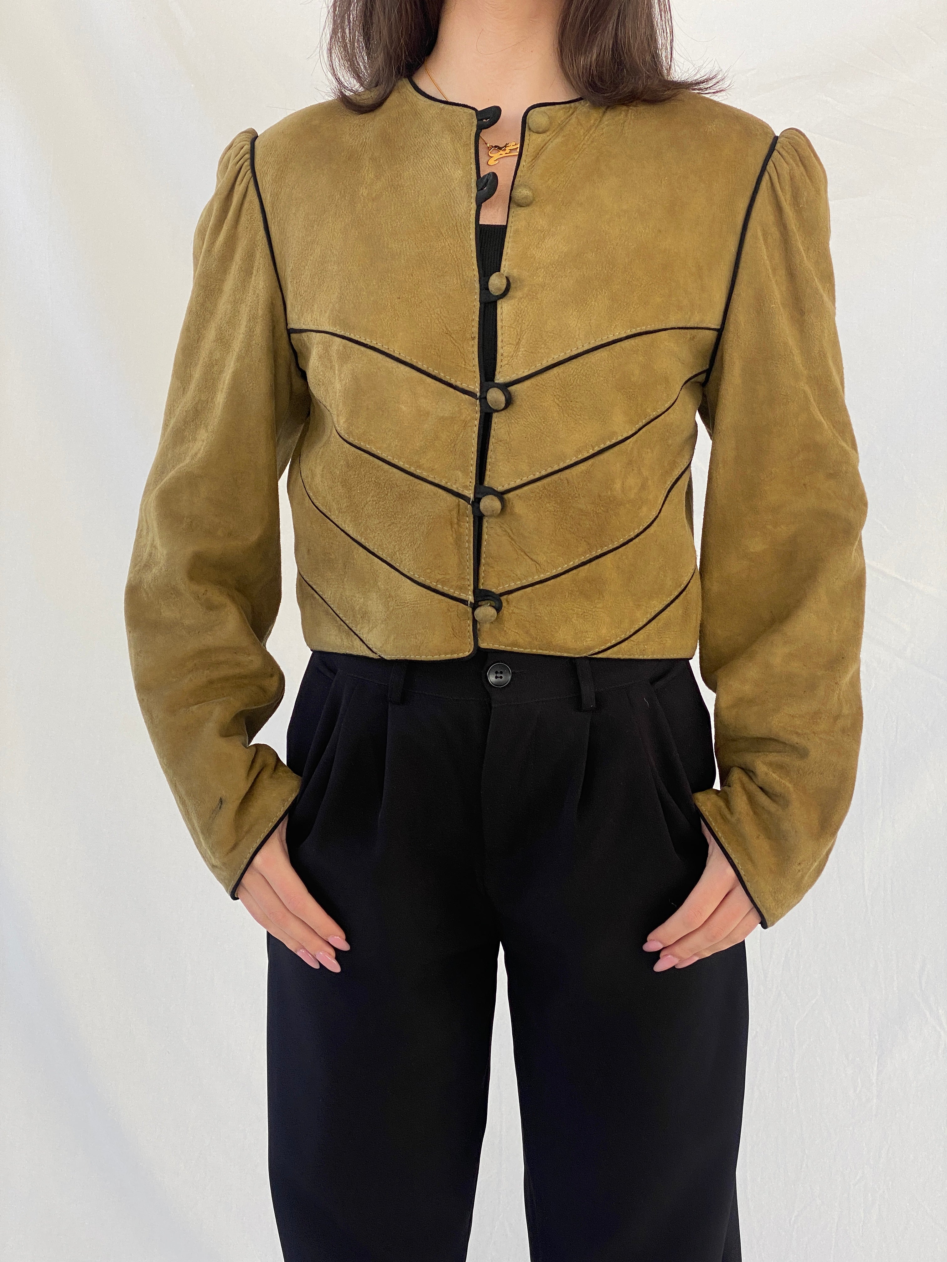 Vintage Olive Green Suede Trachten Buttoned Blazer Jacket - M