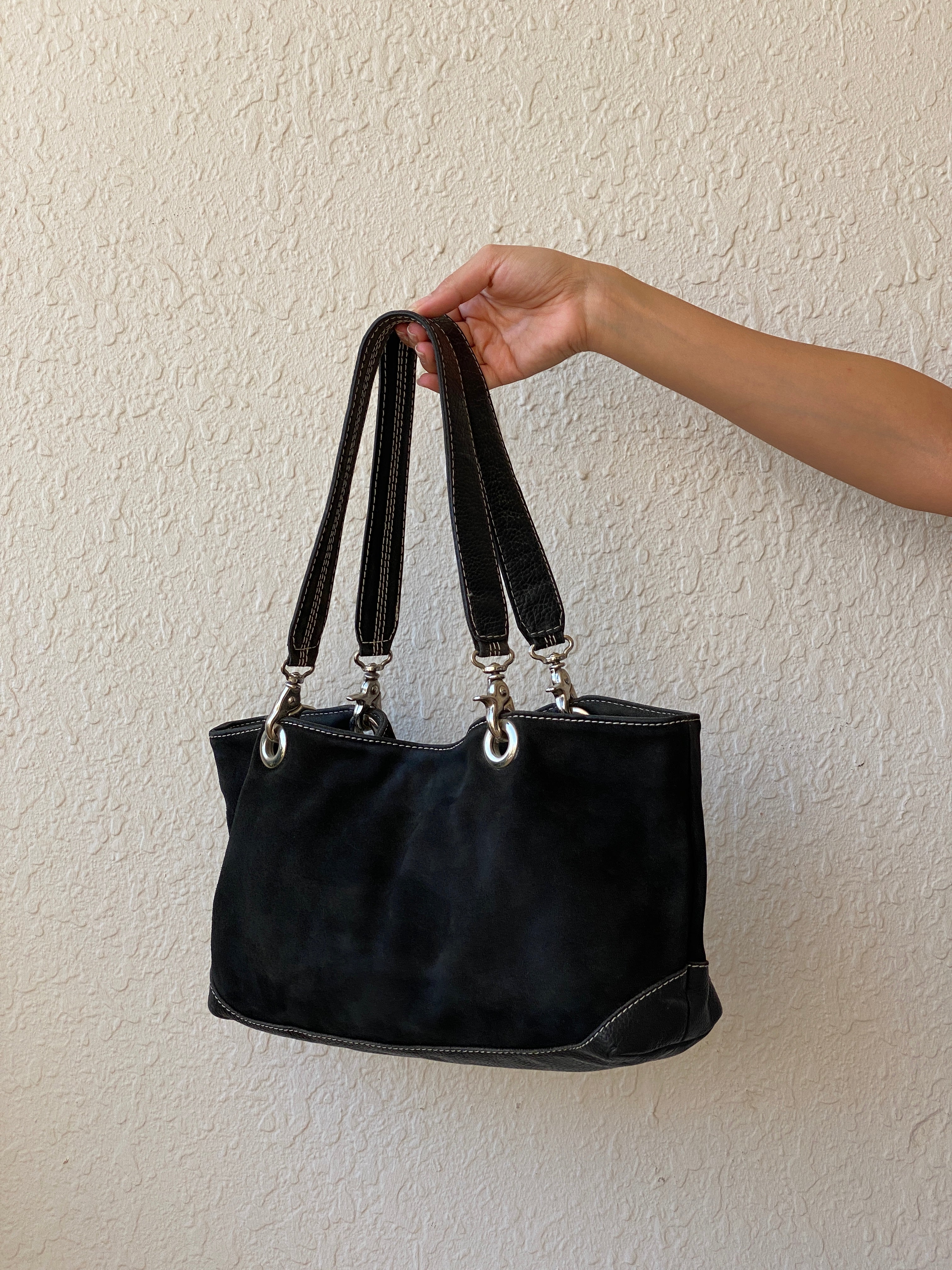 Vintage 90s J.Jill Black Genuine Suede Shoulder Bag with Leather Handles Classic Medium Purse