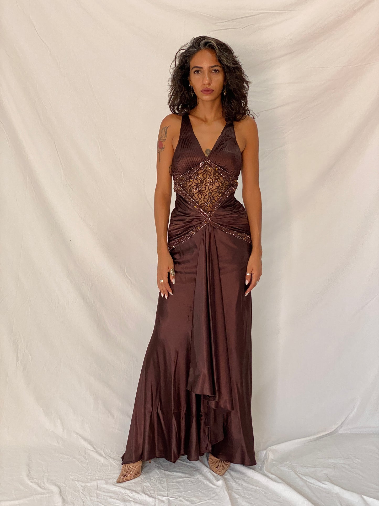 Vintage Y2K Alyce Designs Brown Satin Beaded Lace Cutout Formal Maxi Dress - XS