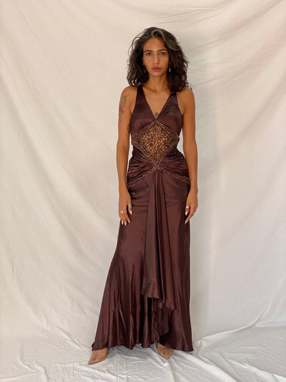 Vintage Y2K Alyce Designs Brown Satin Beaded Lace Cutout Formal Maxi Dress - XS