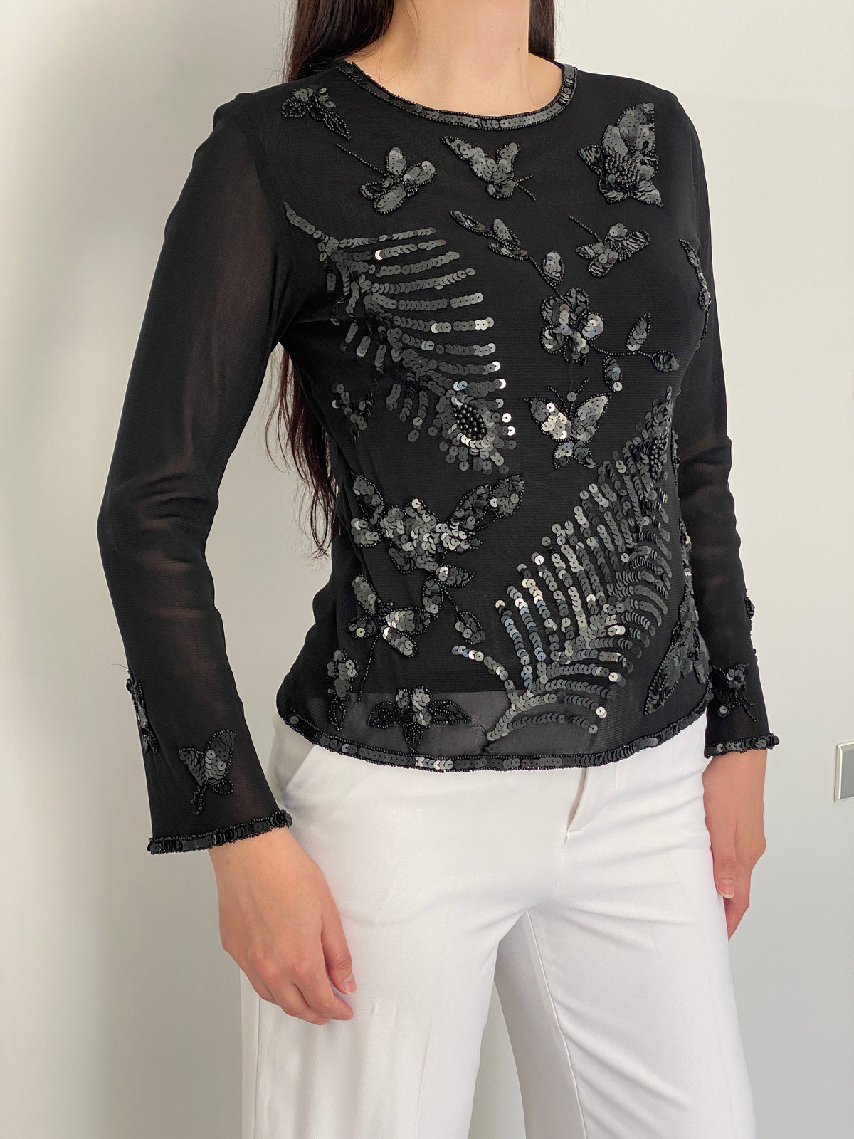 Vintage Poncho Black Mesh Beaded Sequin Butterfly Floral Top – S