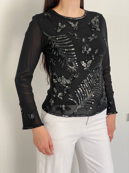 Vintage Poncho Black Mesh Beaded Sequin Butterfly Floral Top – S