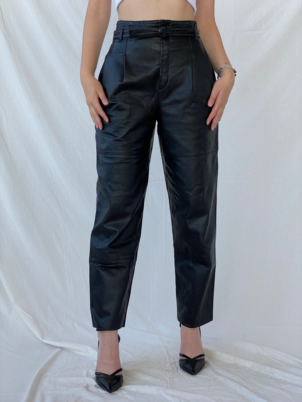 Vintage Betty Barclay Black Genuine Leather Biker Belted Pants - M
